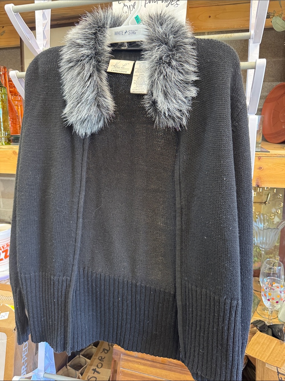 White Stag Black Sweater with Gray Faux Fur Collar